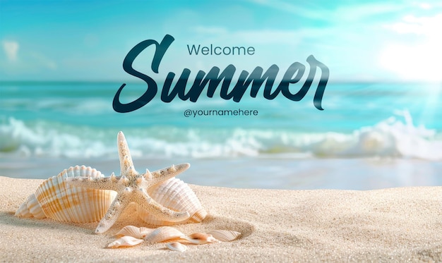 PSD modello di banner estivo di benvenuto seashell starfish on sandy beach tranquil blue summer vacation