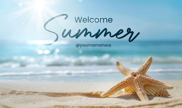 PSD modello di banner estivo di benvenuto seashell starfish on sandy beach tranquil blue summer vacation