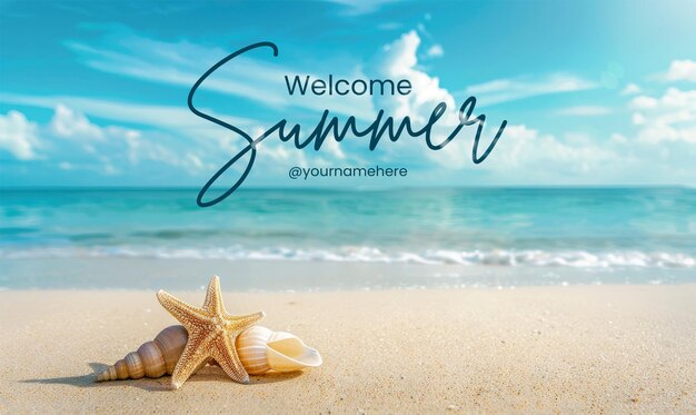 PSD welcome summer banner template seashell starfish on sandy beach tranquil blue summer vacation