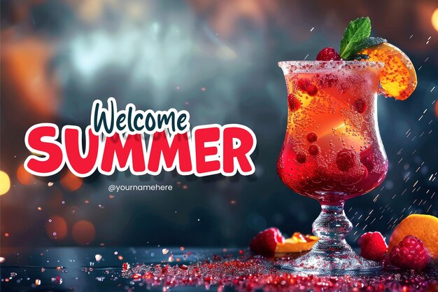 PSD welcome summer banner template with realistic photo of cocktail background