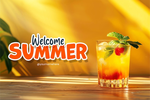 PSD welcome summer banner template with realistic photo of cocktail background