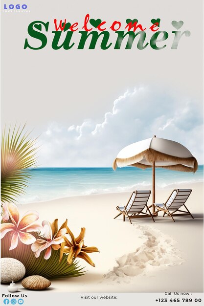 PSD 夏を迎しよう 海のビーチとパームの木と夏にこんにちはという言葉
