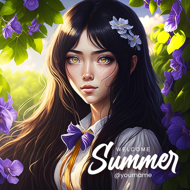 PSD welcome summer social media post template with beautiful girl and flowers background