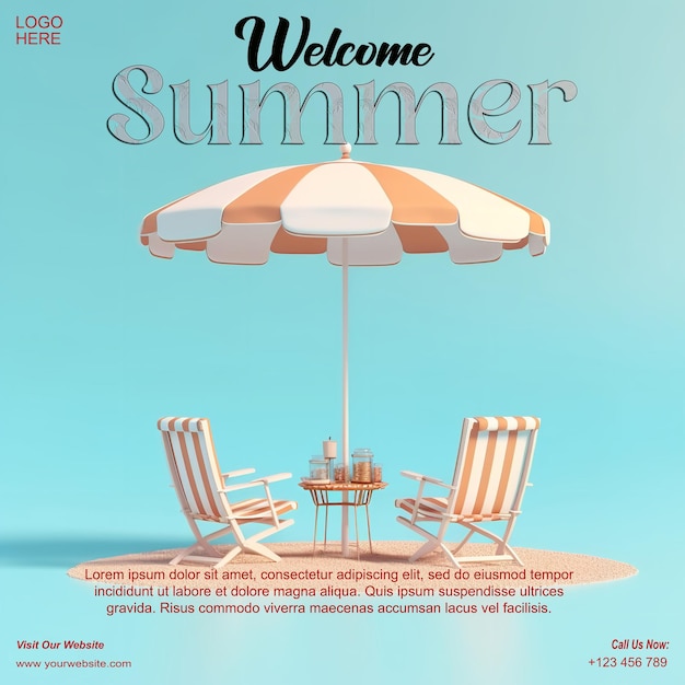 PSD welcome summer summer camping 3d social media post template