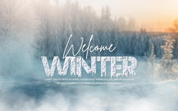 Welcome winter background with snowdrifts and snow covered blur forest cold winter time