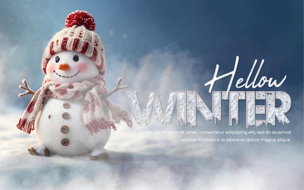 PSD welcome winter background with snowdrifts and snow covered blur forest cold winter time