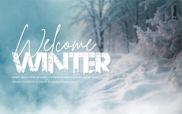 Welcome winter background with snowdrifts and snow covered blur forest cold winter time