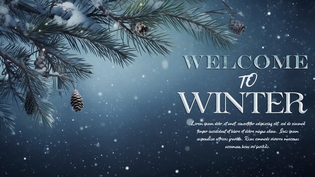 Welcome to winter banner tamplate with snowflakes settling on pine branches under soft winter moonli