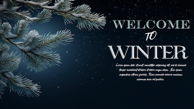 PSD welcome to winter banner tamplate with snowflakes settling on pine branches under soft winter moonli