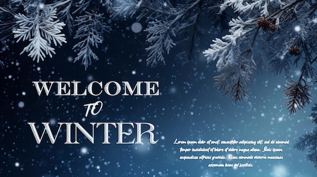 Welcome to winter banner tamplate with snowflakes settling on pine branches under soft winter moonli