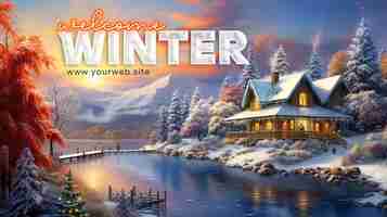 PSD 겨울 풍경에 나무 집과 함께 겨울 환영 배너 템플릿