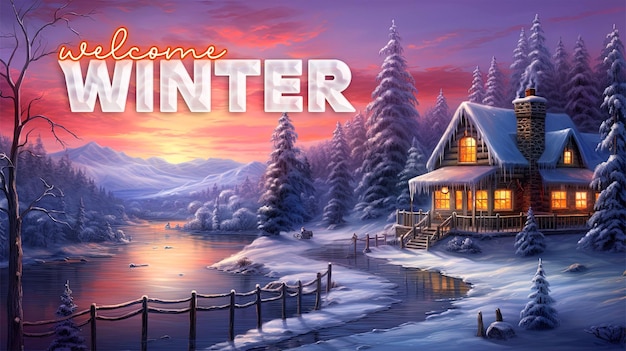 PSD modello di striscione di benvenuto invernale con casa di legno nel paesaggio invernale