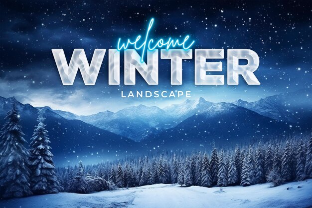 PSD welcome winter banner with forest on a mountain ridge covered with snow milky way in a starry sky