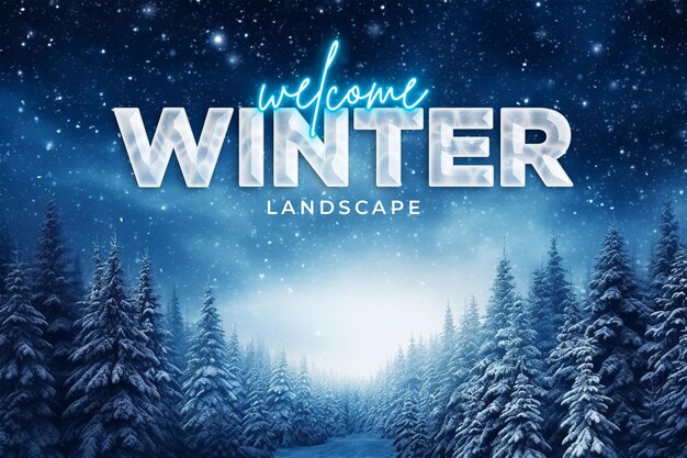 PSD welcome winter banner with forest on a mountain ridge covered with snow milky way in a starry sky