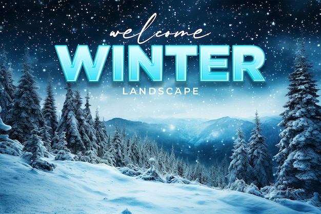 PSD welcome winter banner with forest on a mountain ridge covered with snow milky way in a starry sky