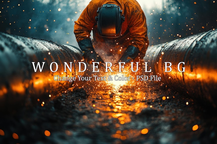 PSD a welder in a protective suit works on a large pipeline in a dark and gritty setting sparks flying from his welding torch