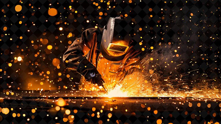 PSD welding explosion with sparks metal and protective gear warm png neon effect on dark background