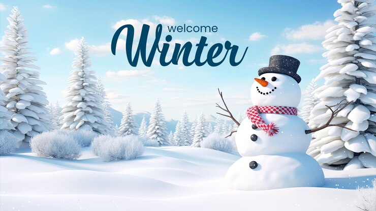 PSD welkom winter achtergrond met craft een scène met een sneeuwman omringd door een besneeuwd landschap