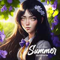 PSD welkom zomer social media post-sjabloon met mooi meisje en bloemen achtergrond