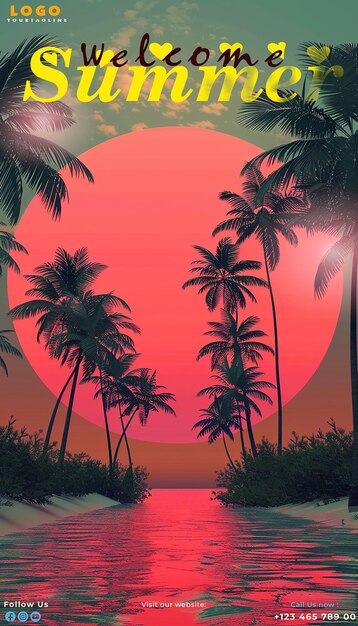 PSD welkom zomer zee strand en palmbomen en het woord hello zomer