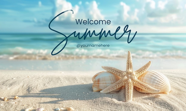 PSD welkome zomer banner sjabloon seashell starfish on sandy beach tranquil blue zomervakantie