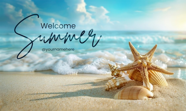 welkome zomer banner sjabloon Seashell Starfish on Sandy Beach Tranquil Blue Zomervakantie