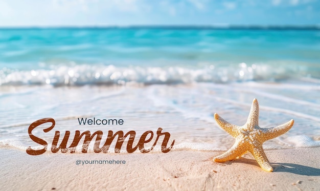 Welkome zomer banner sjabloon seashell starfish on sandy beach tranquil blue zomervakantie