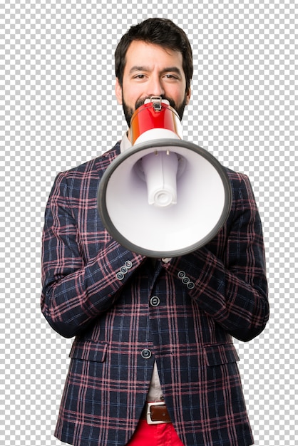 PSD well dressed man holding a megaphone