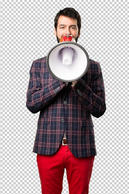 PSD well dressed man holding a megaphone