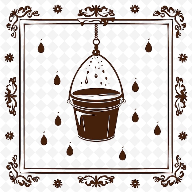 PSD well outline with bucket frame and water droplet symbol for illustration frames decor collection