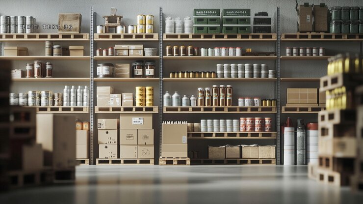 PSD wellorganized warehouse interior with various goods on shelves and pallets