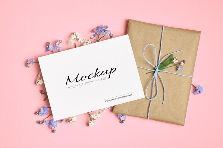 Wenskaartmodel met cadeau en lente vergeet-mij-nietjes op roze