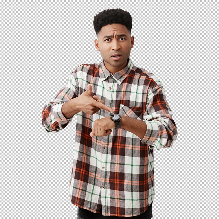 PSD were late for meeting young goodlooking tanskinned unhappy guy with afro hairstyle in checkered stylish shirt pointing a hand watch telling his roommate to hurry up
