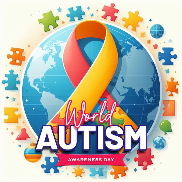 Wereld autisme awareness day platte en 3d illustratie met een kleurrijk lint en puzzelstukken