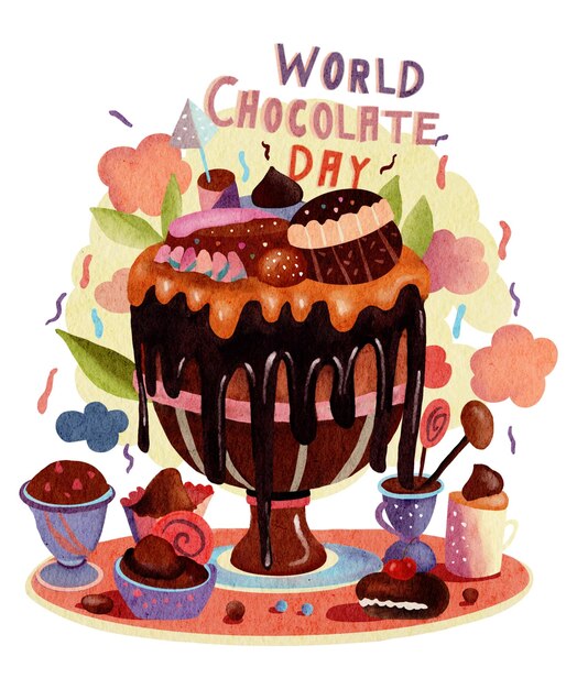 PSD wereld chocolade dag handgetekende aquarel chocolade dessert illustratie no6 png