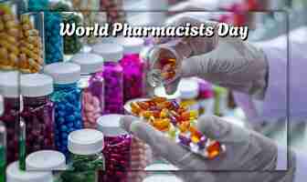 PSD wereld farmacisten dag viering dokter en pillen concept voor sociale media post design