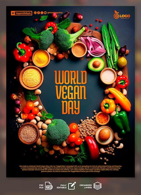 PSD wereld veganistische dag poster sociale media sjabloon