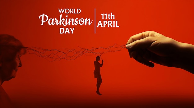 PSD werelddag van de ziekte van parkinson met een hand van een oudere vrouw die aan een rode draad trekt die naar een krant leidt