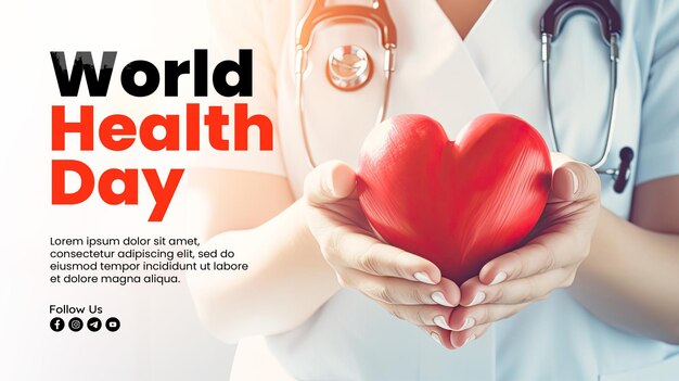 Wereldgezondheidsdag banner sjabloon met jonge vrouw vrouwelijke arts of verpleegster handen die een hart vasthouden