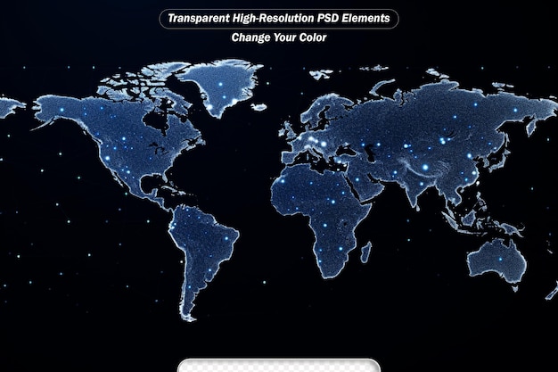 PSD wereldkaart op een technologische achtergrond met gloeiende lijnen en symbolen van het internet