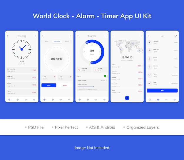 Wereldklok Alarm Timer App UI Kit