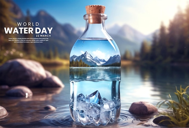PSD wereldwaterdag kristallen fles gevuld met schoon water met een rivier aan de binnenkant achtergrond