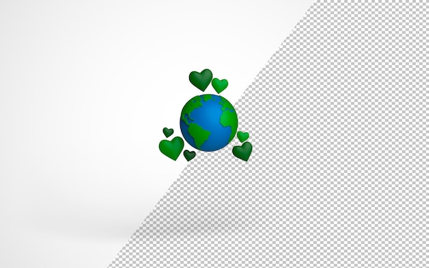 PSD wereldwijd recycling aardemodel met groene harten rond 3d-rendering