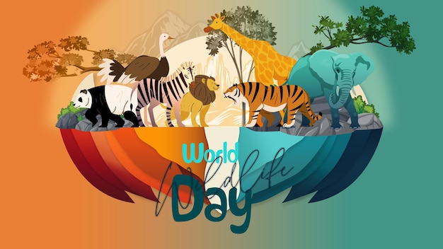 PSD wereldwilde dierendag met de dieren concept van de aardedag illustratie