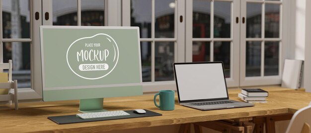 Werkruimte met mockup voor computer en laptop