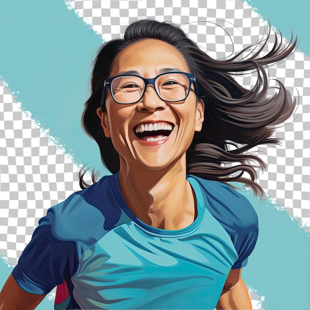 PSD wesoła kobieta w średnim wieku z długimi włosami pochodzenia azjatyckiego ubrana w maratonowy strój pozuje w stylu skoncentrowanego spojrzenia z okularami na pastelowo-niebieskim tle