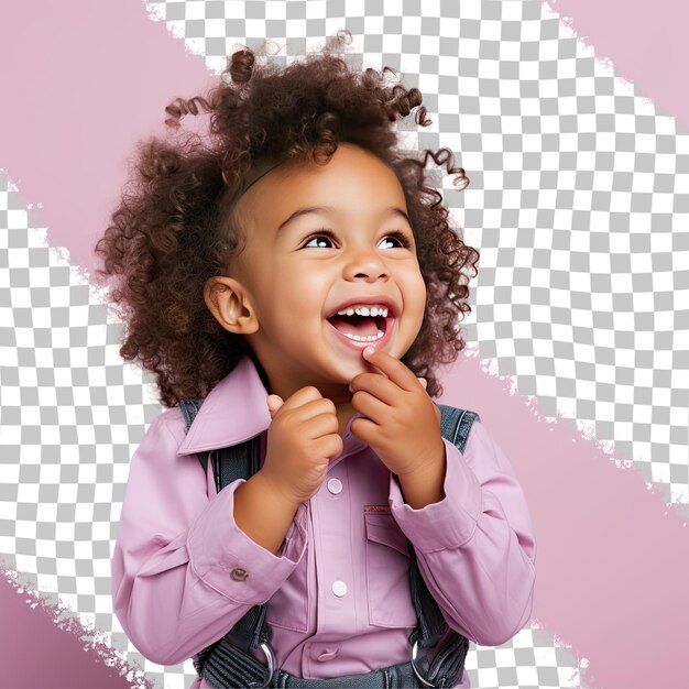 PSD wesołe, kręcone włosy, małe dziecko z wysp pacyfiku w stroju inżyniera budowlanego robi posę śmiechu na pastelowym lilie