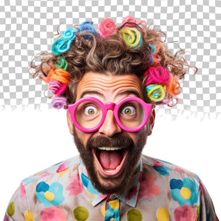 PSD wesoły hipster z lokami w brodzie zaskoczony mężczyzna w okularach patrzy do przodu izolowany na przezroczystym tle