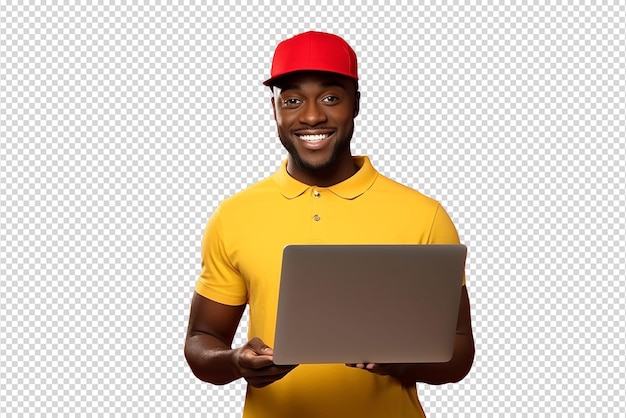Wesoły młody człowiek noszący czapkę używający laptopa izolowanego na przezroczystym tle