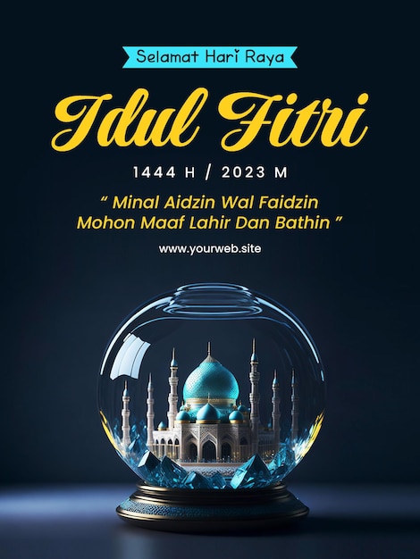 Wesoły plakat Eid AlFitr z tłem meczetu w szklanym krysztale